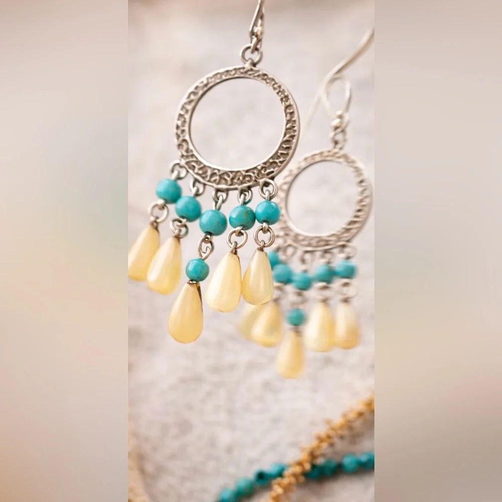 Silpada W1346 925 Sterling Silver Turquoise + Mother of Pearl Earrings HTF